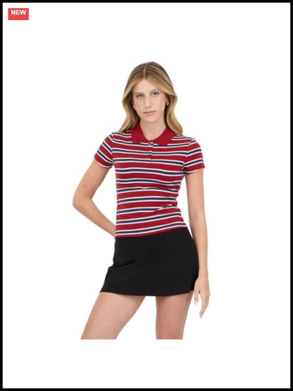 Cotton Blend Striped Cropped Polo Shirt with Button Placket - Short Sleeve